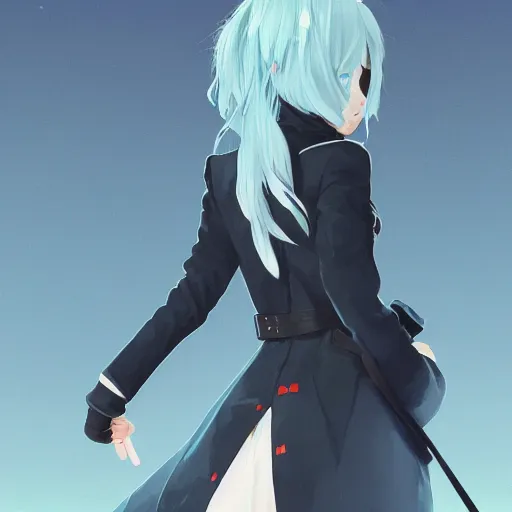 Image similar to low - angle shot from behind of a long light blue - haired girl in a blue tailcoat with a scabbard, combat boots, noir, sharp focus, intricate, illustration, cell shaded, digital painting, highly detailed, straight hair, art by ilya kuvshinov, wlop, greg rutkowski, studio quality, makoto shinkai, james jean