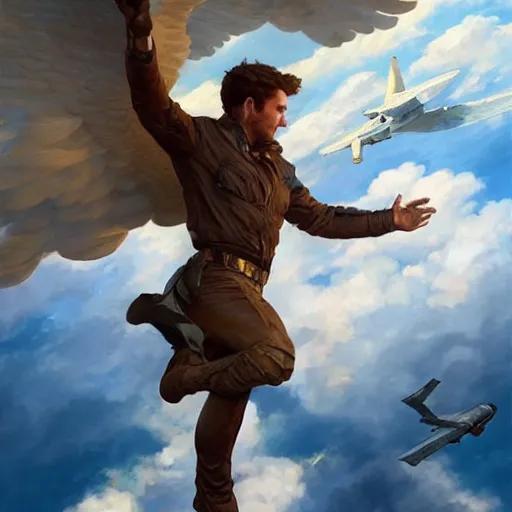 Image similar to a man flying through the sky. photorealistic. realism. 4 k wideshot. cinematic. unreal engine. masterpiece. rule of thirds. beautiful. artgerm. marc simonetti. jc leyendecker