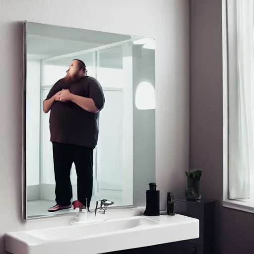 Prompt: a photo of a fat man standing in front of mirror, beautiful woman in reflection, 8k