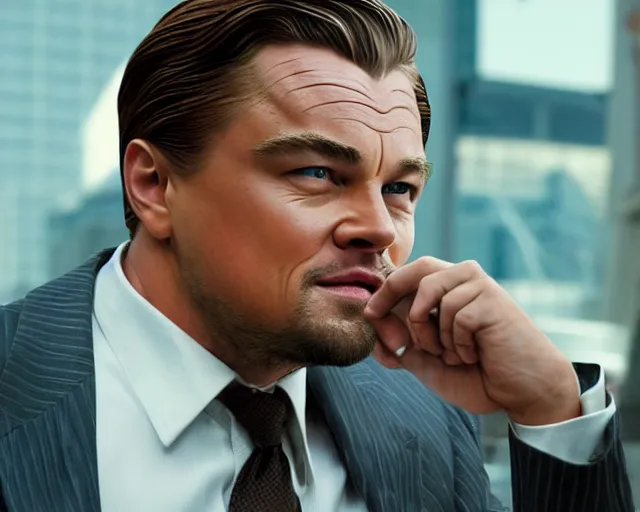 Image similar to leonardo dicaprio as the wolf of wall street, cinamtic, long shot, hyper detailed, hyper realistic face, 8 5 mm photograph, 8 k resolution, film still, sharp lens, wide lens