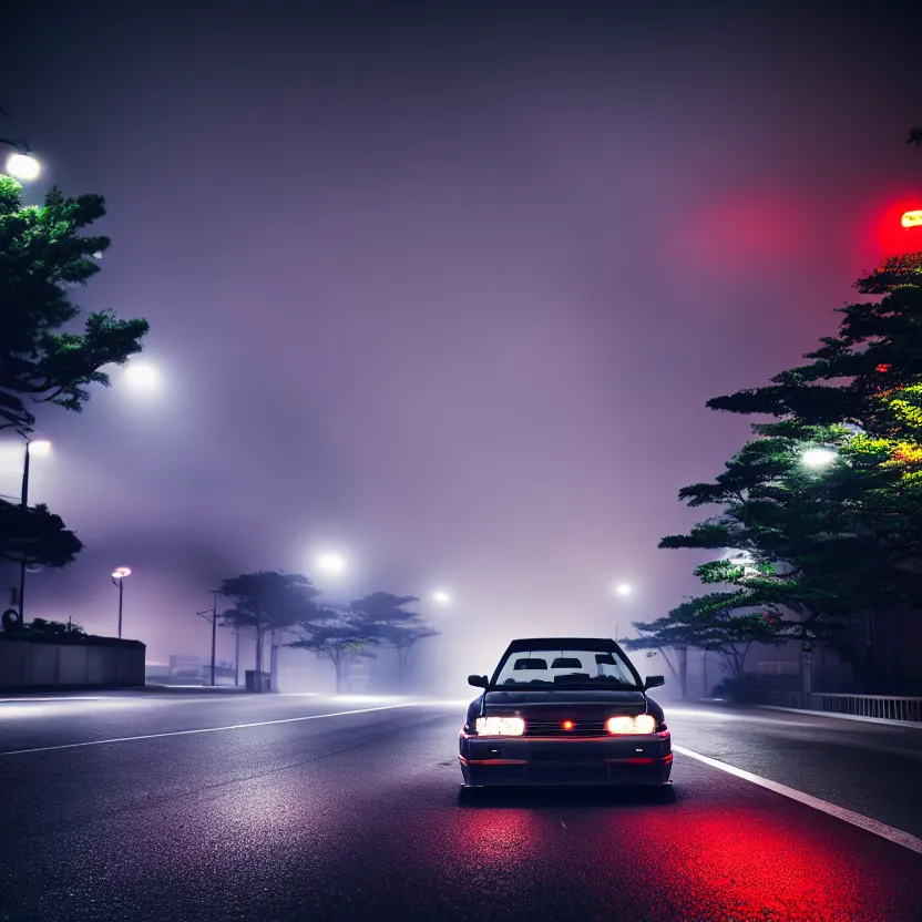 Image similar to one car JZX90 twin turbo drift middle of empty street, misty kanagawa prefecture, night, cinematic color, photorealistic, highly detailed,