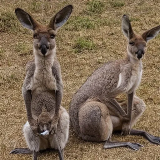 Prompt: photo of three kangaroos in their mother's pouch together. extreme detail, hyperrealistic photo