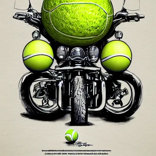 Image similar to a tennis ball monster on a motorcycle harley davidson on a tennis court, digital art, fantasy, magic, chalk, trending on artstation, ultra detailed, professional illustration by basil gogos