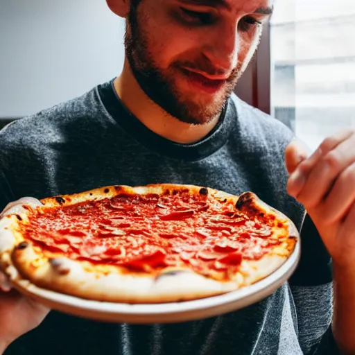 Prompt: a photo of a guy eating the best pizza he has ever eaten, hyper realistic, ultra detailed, 8 k, 2 8 mm lens