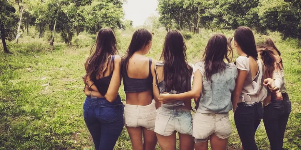 Prompt: friends looking away from camera, taking selfie from behind, having fun, happy, smiling, pretty women, legs, nature