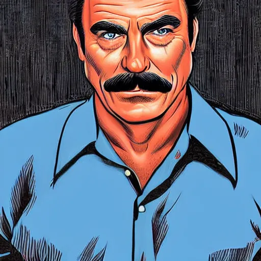 Prompt: tom selleck portrait illustrated by dan clowes