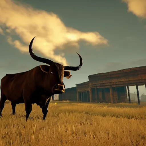 Prompt: screenshot of a bull with long horns in the steppe from Pathologic 2