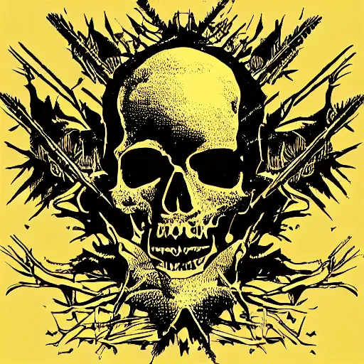 Image similar to dark death metal themed vector illustration for a record label, trees. forest, spikes, skull, microphone, skull, award winning, grunge, iconic, golden ratio