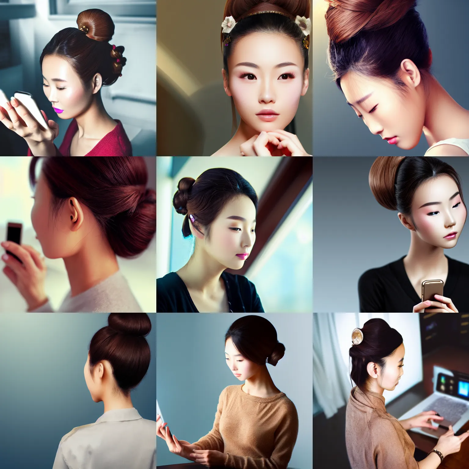 Prompt: light brown updo chinese beauty on the mobile phone facing the computer, overhead view, bokeh, artstation