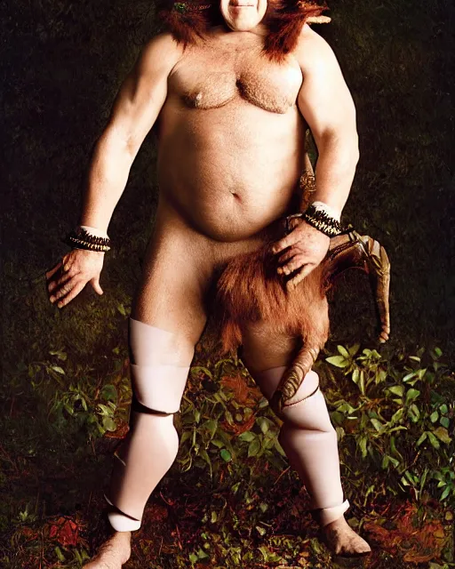 Image similar to actor Danny Devito in Elaborate Pan Satyr Goat Man Makeup and prosthetics designed by Rick Baker with young blonde Steve Reeves as Hercules, Hyperreal, Photographed in the Style of Annie Leibovitz, Studio Lighting