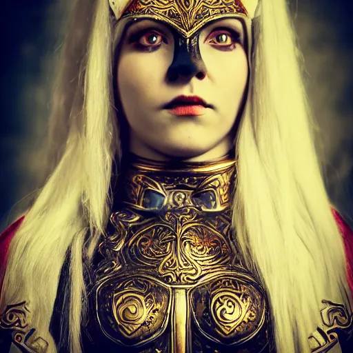 Prompt: a female valkryie, pronounced nordic feminine features, midriff, ornate metal chest plate with nordic religious decorations, low dutch angle, face in focus, natural lighting, realism, feminine and muscular