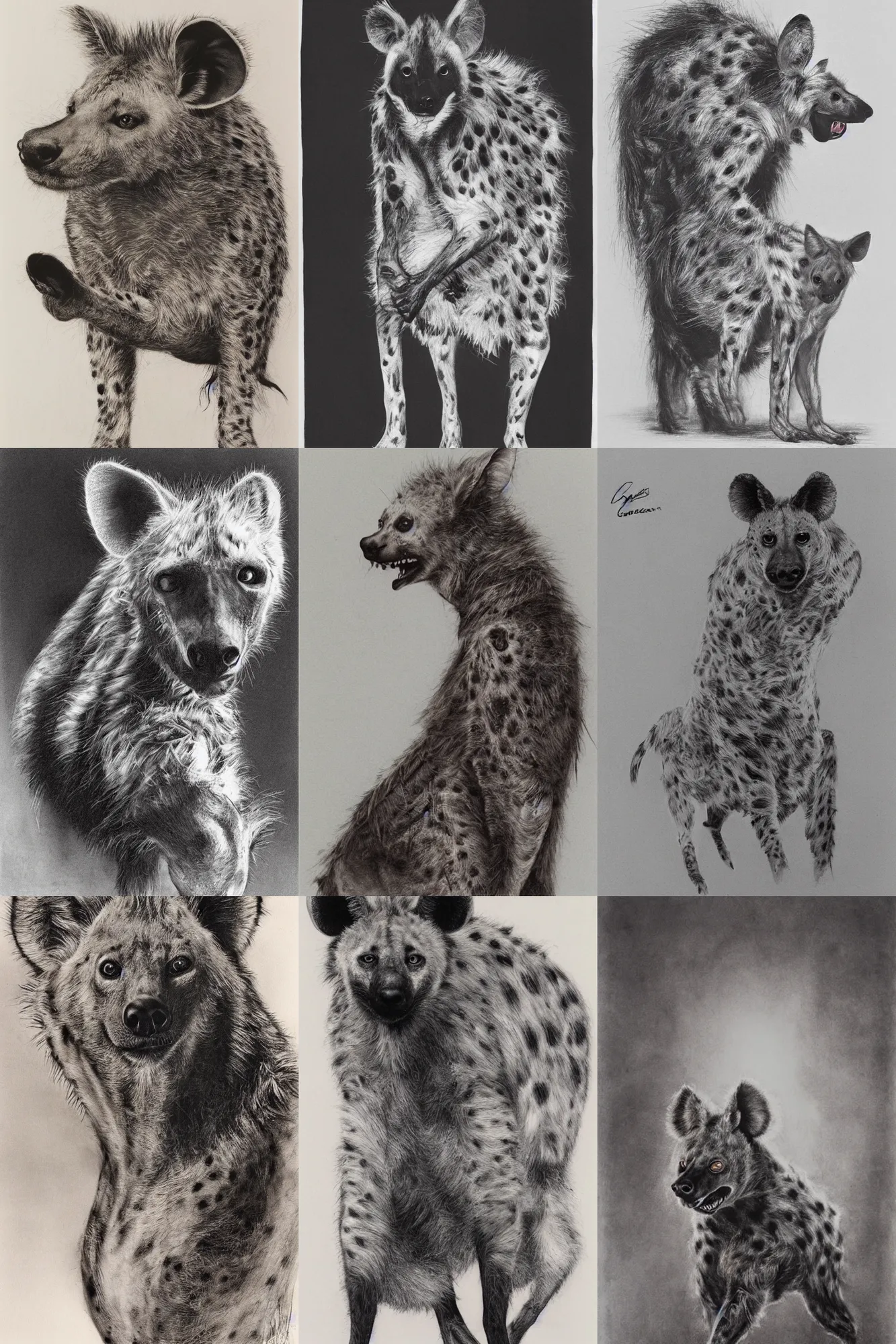 Image similar to fursona / furry, hyena, male, by stephen gammell