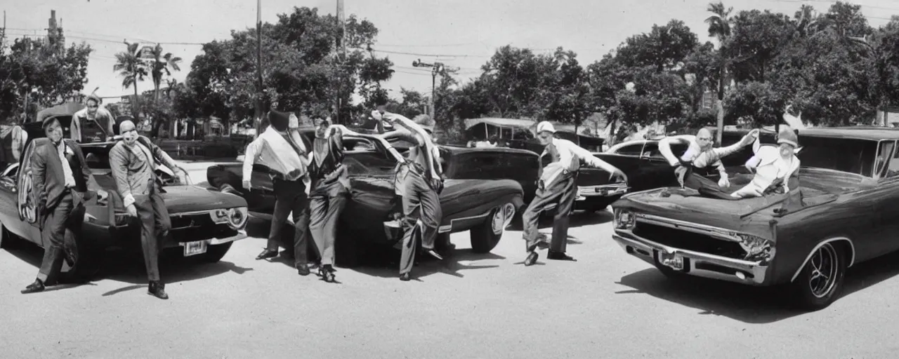 Prompt: gangsters showboating with wads in front of a muscle car