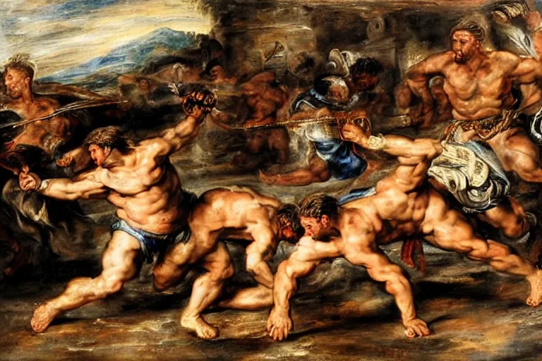 Image similar to a realistic painting of two gladiators fighting each other inside the colosseum, hot weather, brutal fight, extreme detail, action pose Peter Paul Rubens