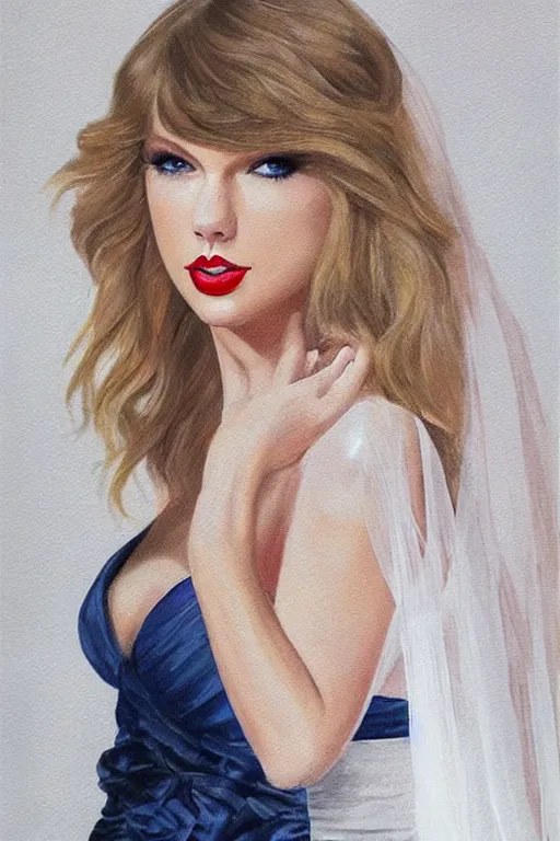 Prompt: waist - up - portrait!!!!!!!!!!!! of taylor swift in a beautiful wedding dress, focus on face and facial details. ( ( ( ( ( ( head - shot ) ) ) ) ) )