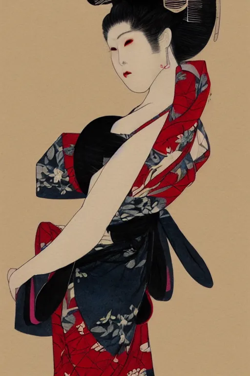 Image similar to extremely sensual geisha full body, seductive pose, uncovered shoulder, different point of view, digital art, 8k, character, realistic, portrait, photorealism, japan watercolour, masterpiece art