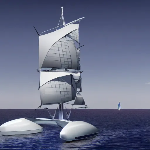 Image similar to futuristic sailship with solar panels mid-journey with robot sailors
