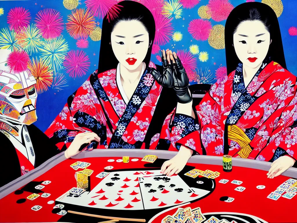 Image similar to hyperrealistic composition of the detailed woman in a japanese kimono sitting at a poker table with detailed darth vader, fireworks, mount fuji on the background, pop - art style, jacky tsai style, andy warhol style, acrylic on canvas