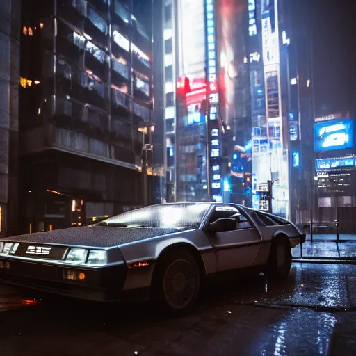 Image similar to Delorean parked in a cyberpunk city, rainy weather, thunderstorm, low light photography, 4k