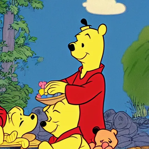 Prompt: winnie the pooh dying, in the style of winnie the pooh cartoon