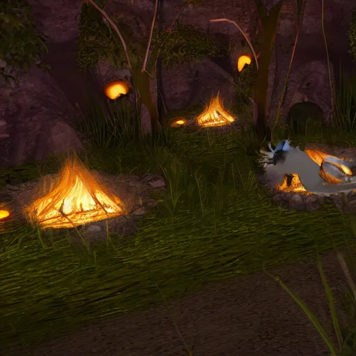 Image similar to second life in game screenshot of two black foxes sleeping next to each other in a cozy cave with a small campfire, cave lit up with fireflies and bioluminescent mushrooms, 4 k