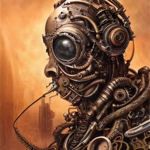 Image similar to low angle shot of a steampunk cyborg with a human face by clive barker, intricate, elegant, highly detailed, centered, digital painting, artstation, concept art, smooth, sharp focus, illustration, artgerm, Tomasz Alen Kopera, Peter Mohrbacher donato giancola, Joseph Christian Leyendecker, WLOP, Boris Vallejo.