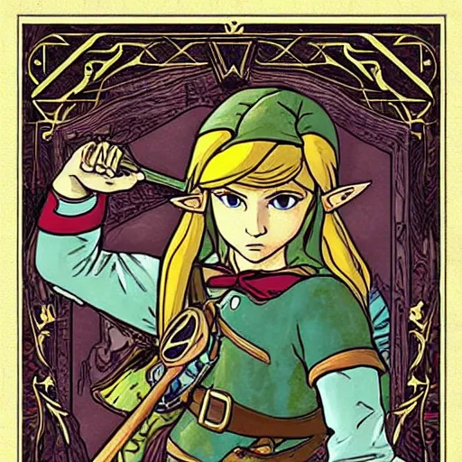 Image similar to the legend of Zelda, in the style of art nouveau,