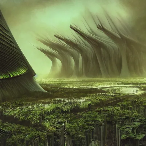 Prompt: future forest city attacked, trees, plant, broken buildings, doom of the gods, monster, gravity mess, star trek, glory war, photograph, by arthur haas and bruce pennington and john schoenherr, cinematic matte painting, zaha hadid building, photo realism, dark moody color palate, blue hour stars, desolate glacial landscape,