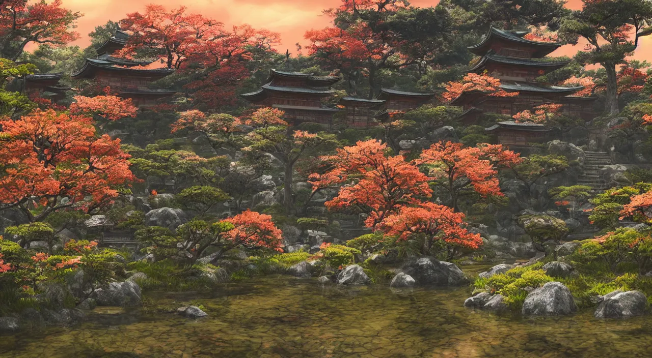 Image similar to Japanese garden at dusk based on the style of the game Sekiro, colorful, very detailed, realistic, photo