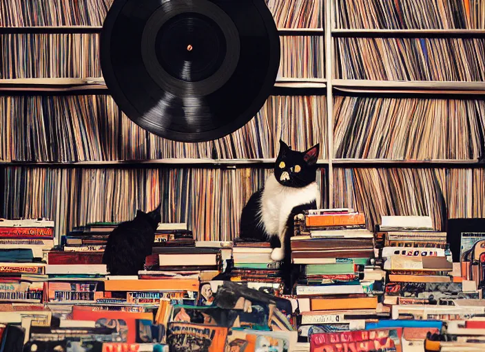 Image similar to photography of a Cat sitting on a pile of books and vinyls. a record player is in the shot. in a room full of vinyls and posters out of the 70's, photorealistic, raining award winning photo, 100mm, sharp, high res