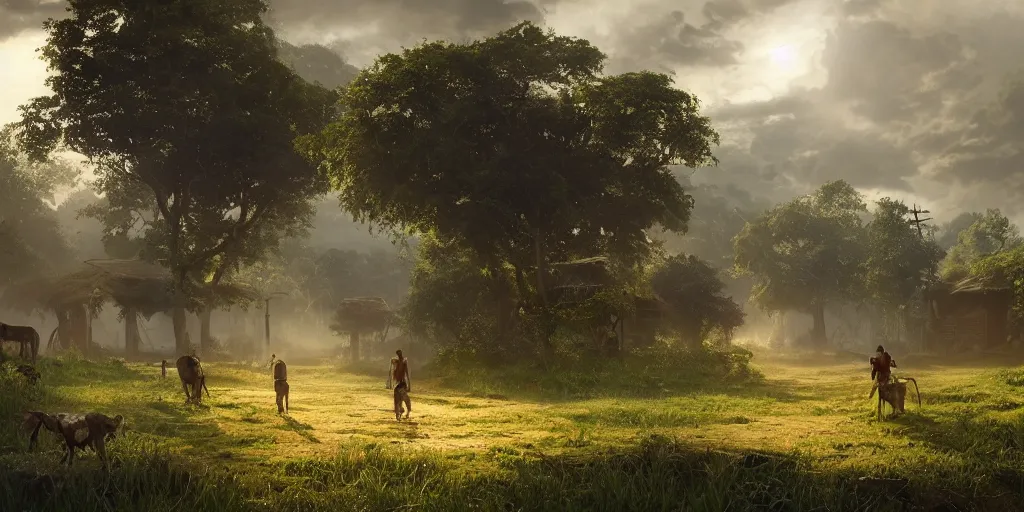 Image similar to kerala village countryside, beautiful dynamic lighting, cinematic, wide angle establishing shot, extremely high detail, photo realistic, cinematic lighting, post processed, concept art, artstation, matte painting, style by eddie mendoza, raphael lacoste, alex ross, volumetric lighting, light rays, photorealistic, ultrarealistic, moody, coronarender, 8k