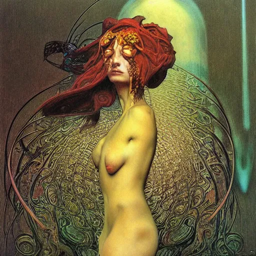 Image similar to queen of jupiter by zdzisław beksinski and alphonse mucha. highly detailed, hyper - real, beautiful