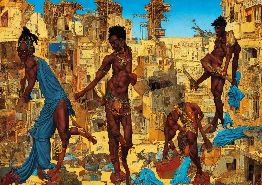 Prompt: a punk african greek god searching through the streets of an abandoned city, sparse detail, saturated color scheme, by thomas blackshear, victor brauner and moebius