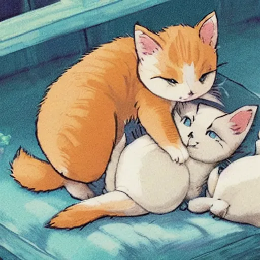 Prompt: Two kittens sleeping in a comfy bed in the style of studio ghibli