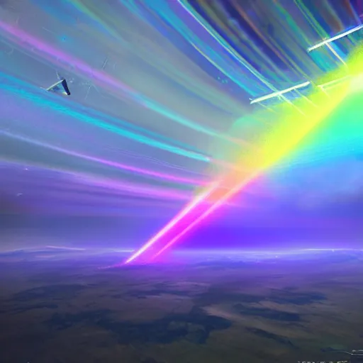 Image similar to rainbow lasers converging into a distant point in space, perspective, hyperrealistic, volumetric lighting, featured on artstation, highly detailed, 8 k