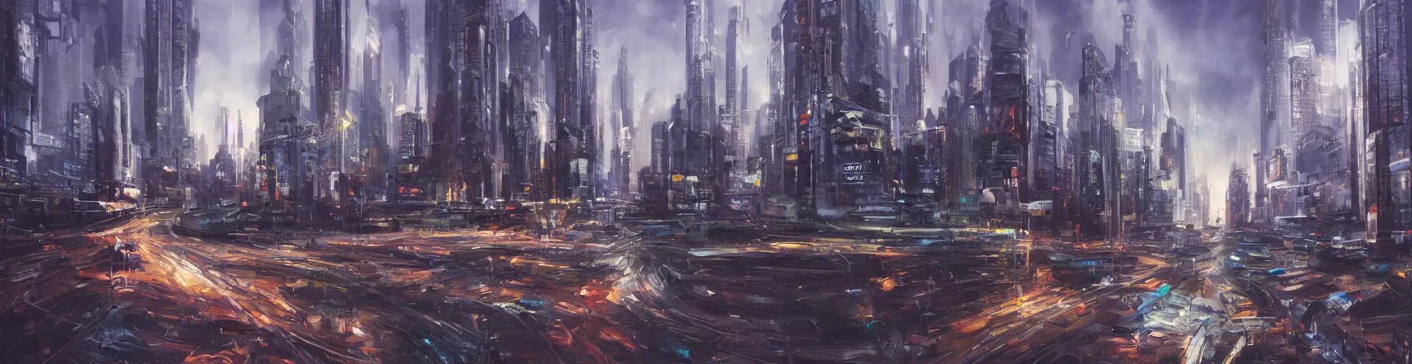 Prompt: futuristic cityscape, cinematic lighting, detailed oil painting, hyperrealistic, 8k