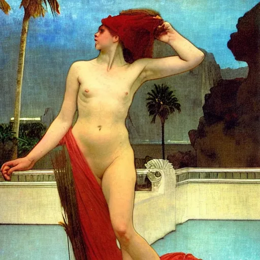 Image similar to Demon girl at the giant column, thunderstorm, greek pool, beach and palm trees on the background major arcana sky, by paul delaroche, alphonse mucha and arnold böcklin arnold böcklin hyperrealistic 8k, very detailed