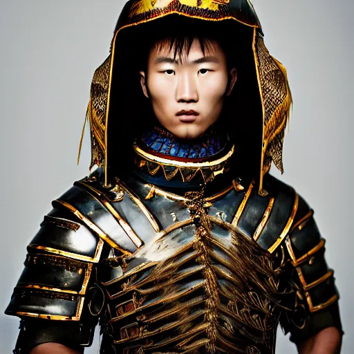 Image similar to a portrait of a beautiful young mongolian male wearing an alexander mcqueen armor , photographed by andrew thomas huang, artistic