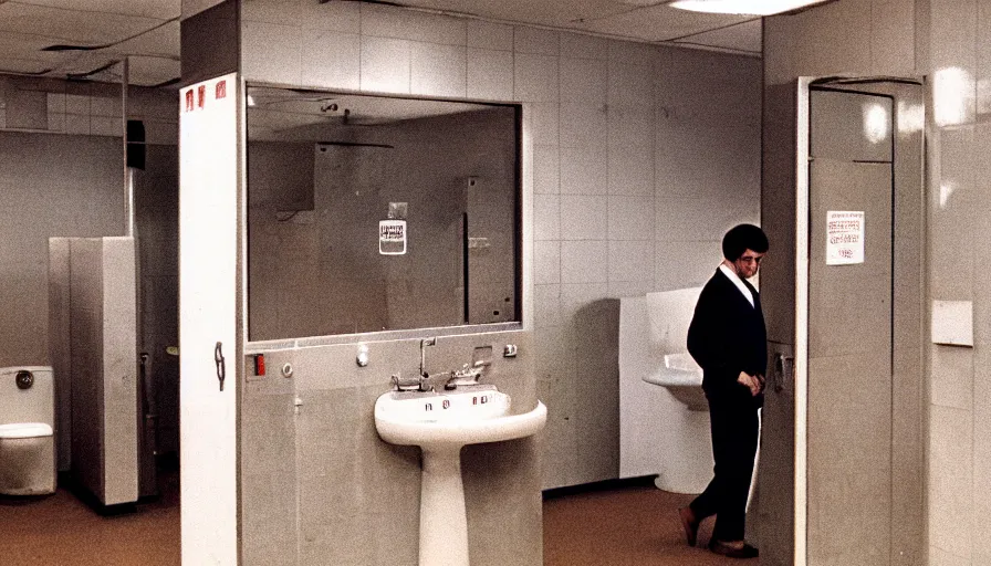 Image similar to 60s movie still of one bloody man in empty public toilets, cinestill 800t 50mm eastmancolor, liminal Space style, heavy grain-s 150