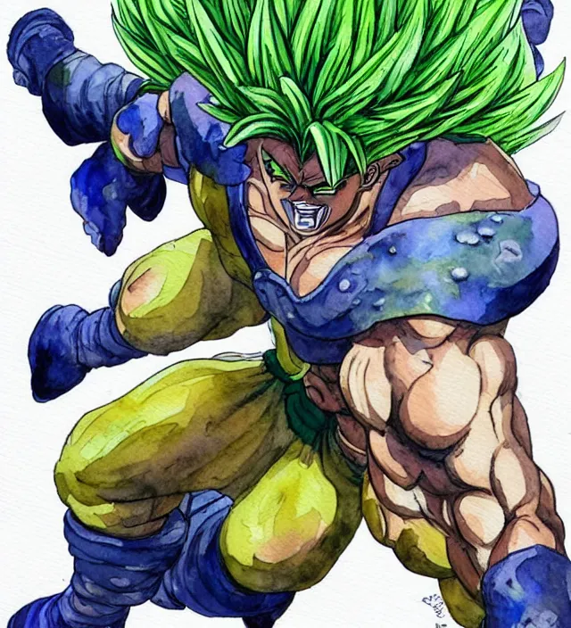 Prompt: a 3 / 4 view watercolor ink painting of broly as goku in the style of jean giraud in the style of moebius trending on artstation deviantart pinterest detailed realistic hd 8 k high resolution