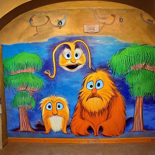 Prompt: Ancient cave paintings of The Lorax-W 910