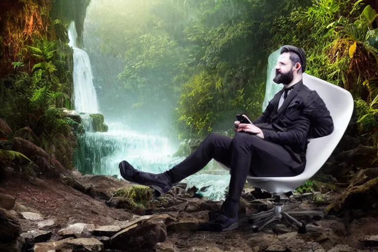 Image similar to young man with a grey beard in a cyberpunk suit sitting on a futuristic chair at the edge of a jungle waterfall