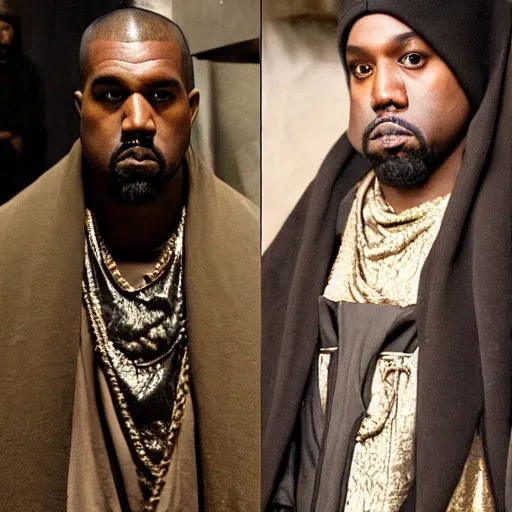 Prompt: Kanye West in medieval times look like merlin high details cinematic mood shooting lighting from wand