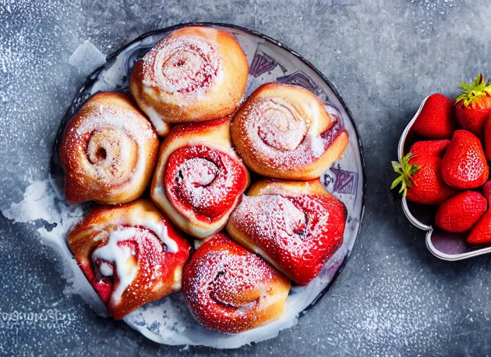 Image similar to sugary hot cinnamon rolls with extra glaze, strawberries, sprinkles, and dollar bills, professional food photography, studio lighting, plating