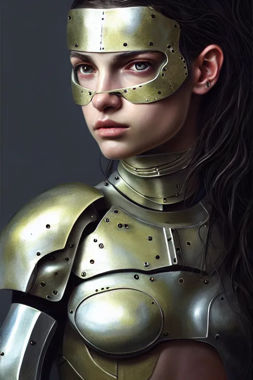 Prompt: a photorealistic painting of an attractive young girl, partially clothed in metal-plated battle armor, olive skin, long dark hair, beautiful bone structure, symmetrical face, perfect eyes, intricate, elegant, digital painting, concept art, illustration, sharp focus, minimal artifacts, volumetric lighting, from Metal Gear, in the style of Ruan Jia and Mandy Jurgens and Greg Rutkowski, trending on Artstation, award winning