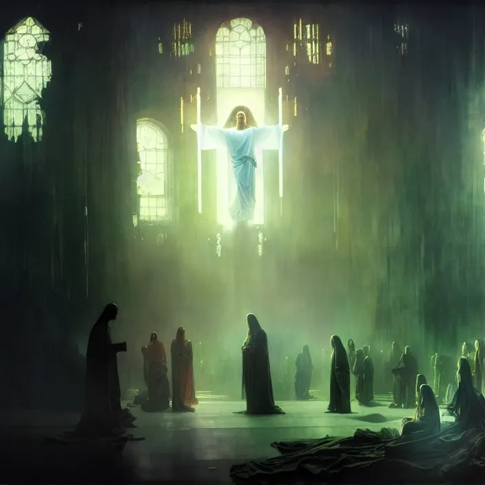 Image similar to the second coming of jesus christ, intricate concept art, ethereal, ominous, dramatic lighting, Ruan Jia and Jeremy Mann and Alphonse Mucha