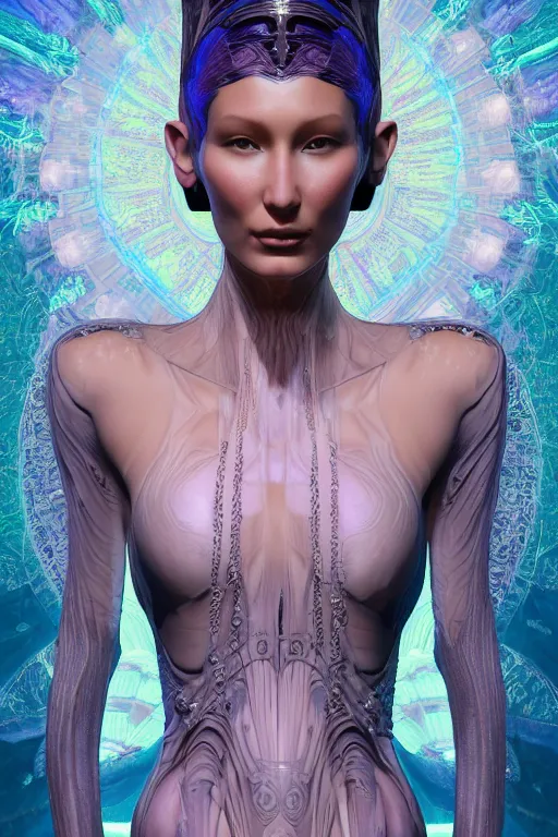 Prompt: a portrait of a beautiful ancient alien woman goddess bella hadid venus standing in iris van herpen dress jewelery and fractals in style of alphonse mucha art nuvo dmt trending on artstation made in unreal engine 4