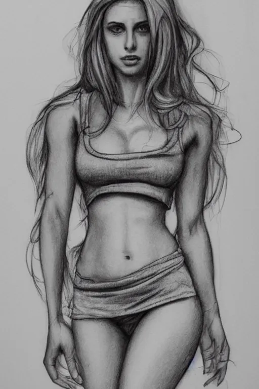 Image similar to a realistic pencil drawing of the most attractive woman on earth, extremely pronounced feminine features, midriff, loose belly shirt, miniskirt, higheels, low dutch angle, face in focus, natural lighting, realism, large feminine body parts, fff cup