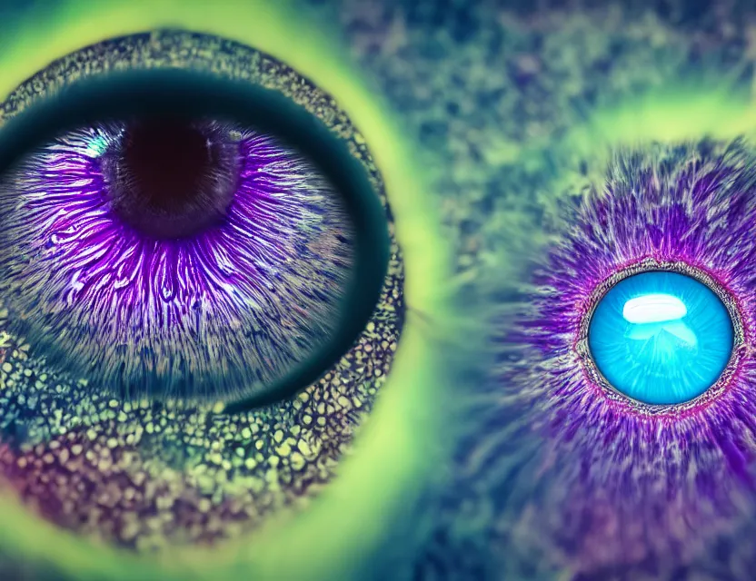 Prompt: macro photo of a eye with big colorful fractal iris , black renica, glass sphere ,symmetric ,detailed, photorealistic , unreal engine , macro photography ,flower