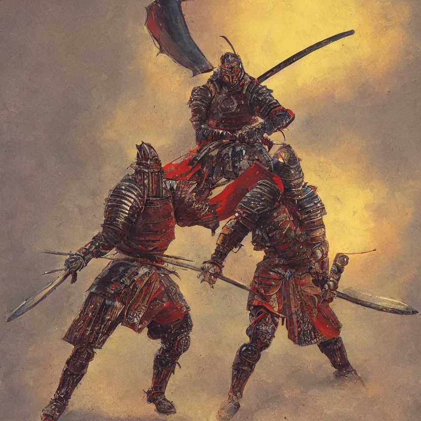 Image similar to a oil paniting of an Knight/samurai in a battle ready pose in the style of Jean Giraud detailed realistic High Resolution HD 8k in color